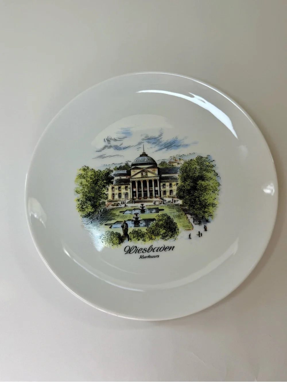 La Kaiser White Plate with Green and Blue Scenic Kurhaus Print